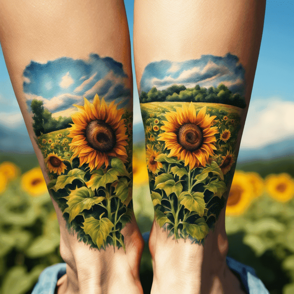 Alt text: A pair of forearms displaying detailed tattoos of sunflower fields under a bright sky with fluffy clouds. The tattoos are vibrant and realistic, blending seamlessly with a background of actual sunflower fields.