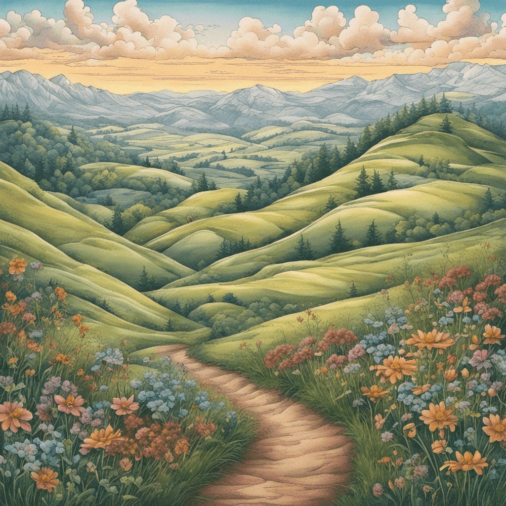 "Idyllic landscape painting with a winding path through rolling green hills dotted with trees, foreground of colorful wildflowers, and a backdrop of majestic mountains under a cloudy sunset sky."