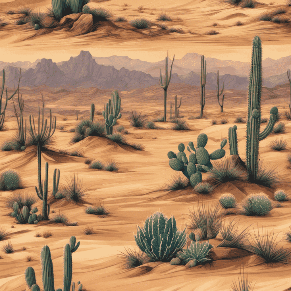 An animated desert landscape with various types of cacti and distant mountains under a hazy sky.