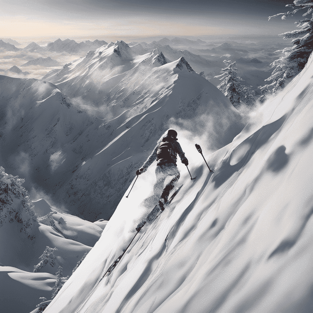 A skier descending a steep, snowy mountain slope with a backdrop of alpine scenery and sunlit mountain peaks.