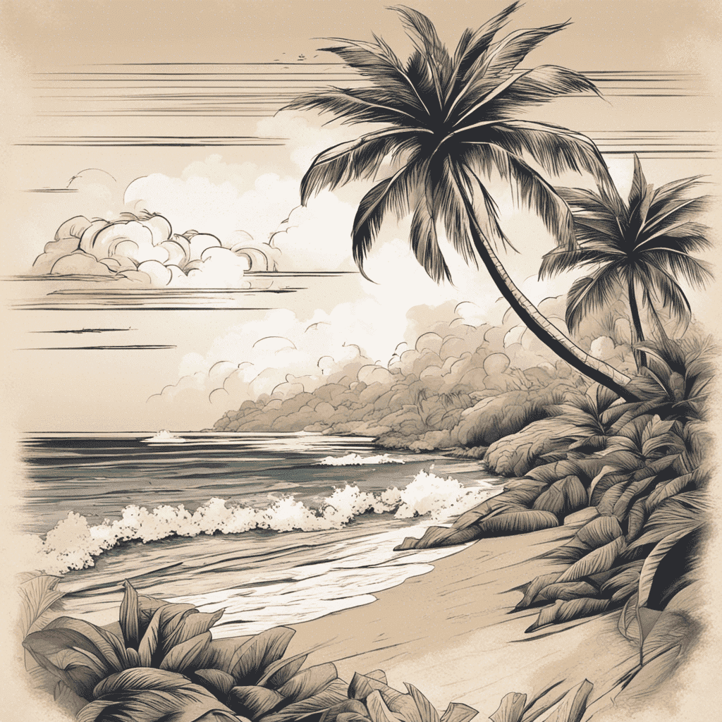 Sepia-toned illustration of a tropical beach scene with palm trees, gentle ocean waves, and clouds in the sky, conveying a serene and timeless atmosphere.