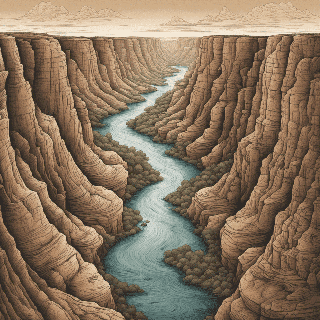 An illustrated river meandering through a dramatic canyon with steep, textured cliffs and scattered greenery, under a cloud-streaked sky.