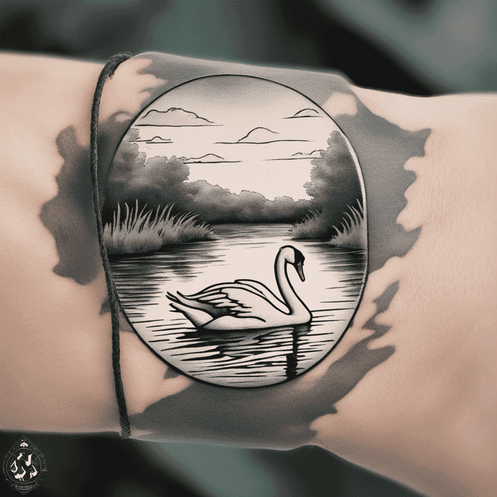 A realistic tattoo on a person's arm depicting a serene lakescape with a swan, enclosed in a circular frame.