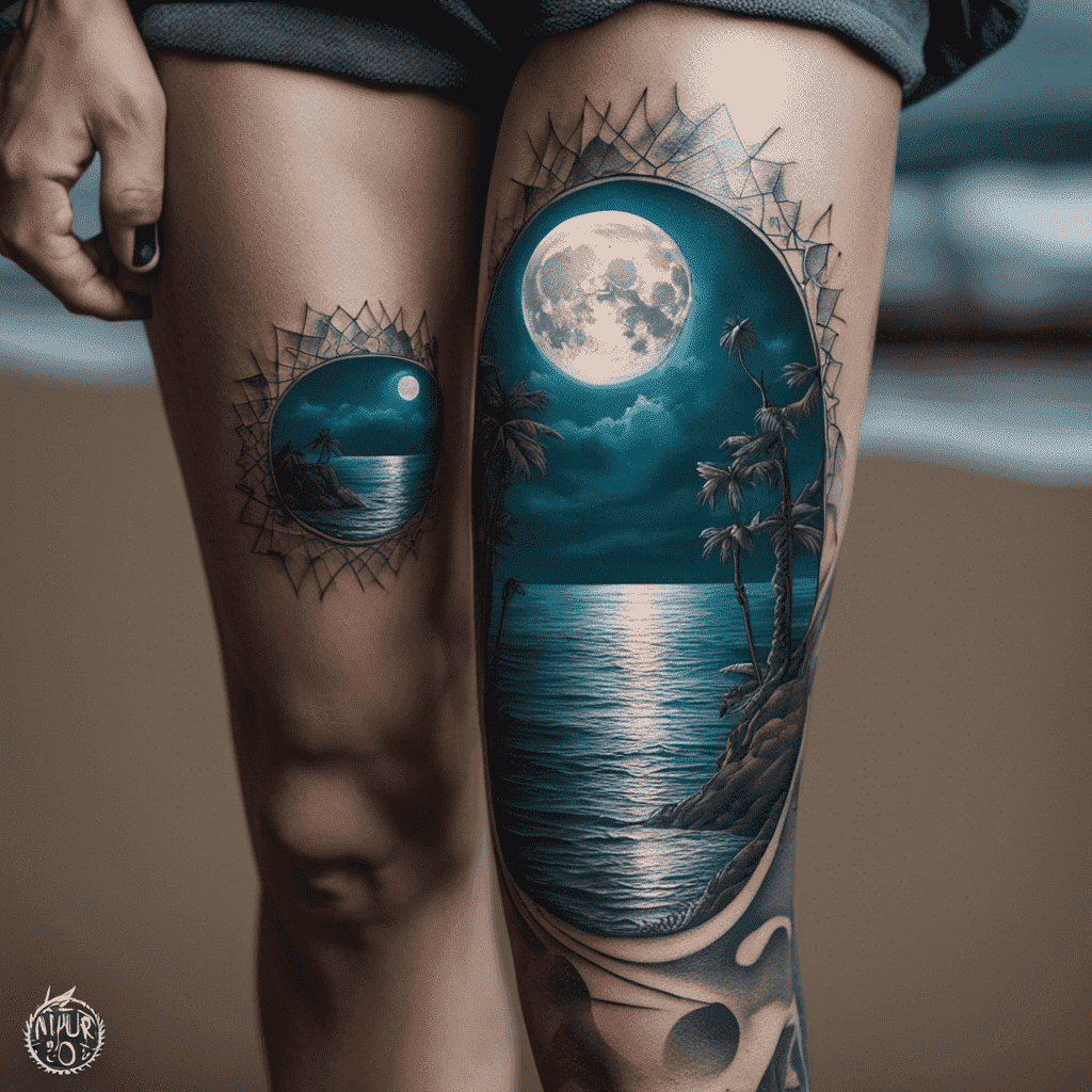 Alt text: Close-up of a person's legs with a detailed and realistic tattoo depicting a nighttime tropical beach scene with a full moon, palm trees, and ocean reflections, framed within a spiky circular border.