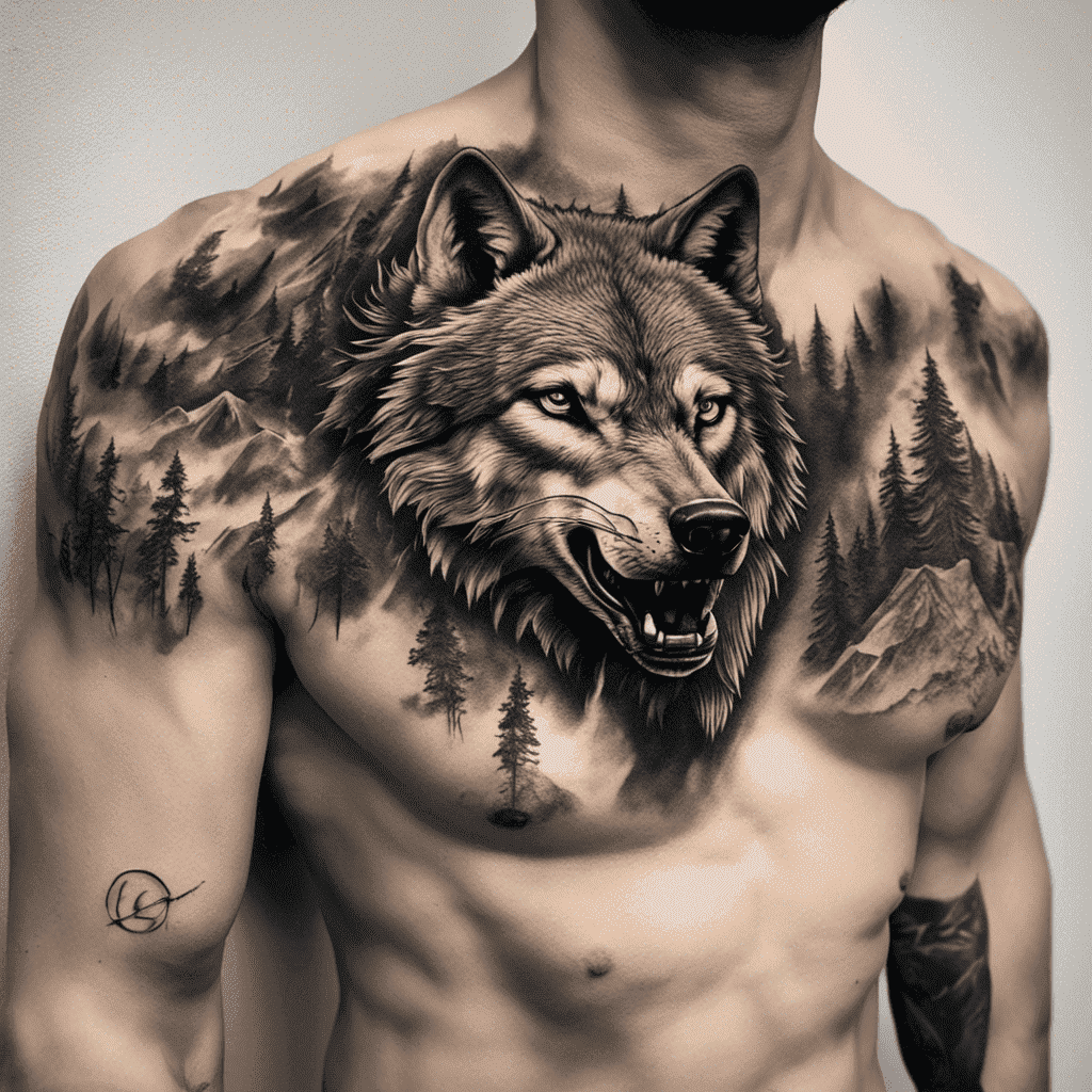 Alt text: A detailed black and grey tattoo of a wolf's face and a forest landscape covers the upper torso of a shirtless person.