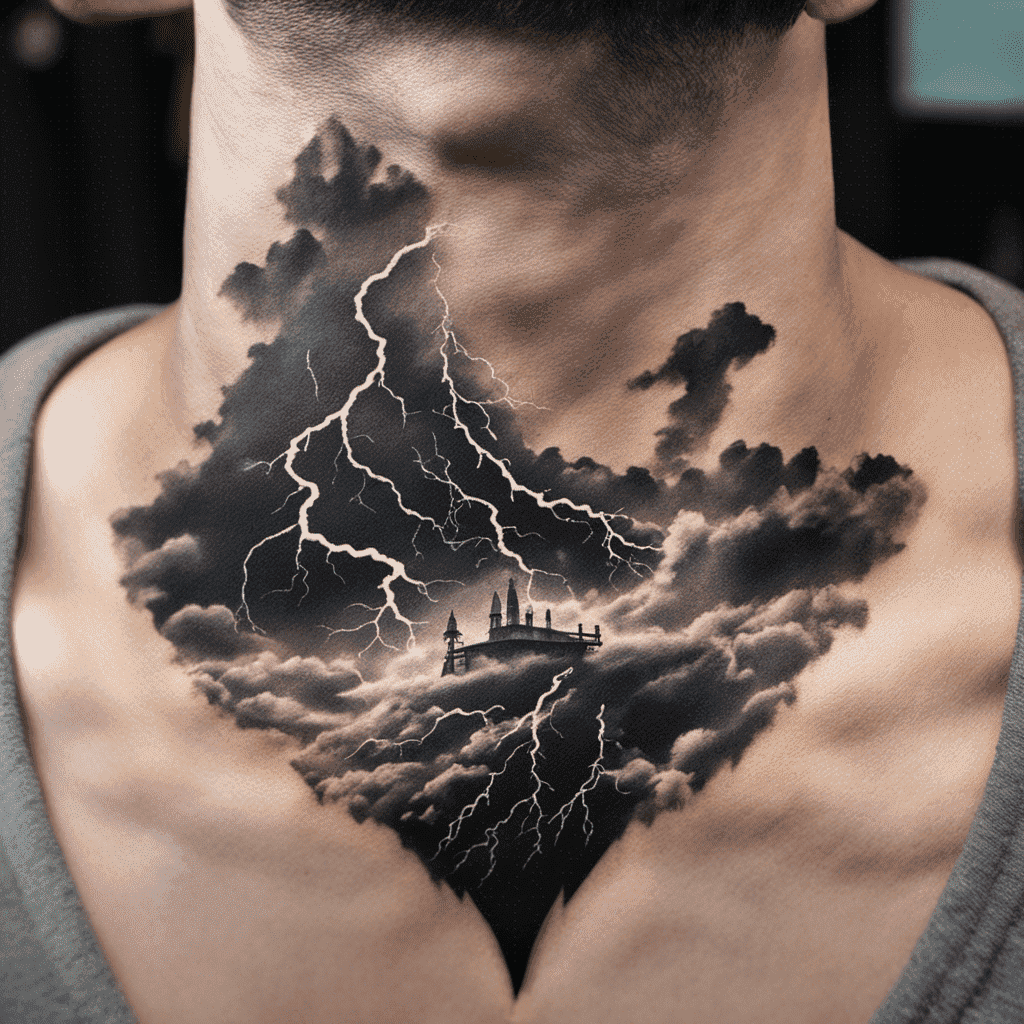 An elaborate tattoo of stormy clouds and lightning on a person's chest, with a silhouette of a castle amidst the clouds.