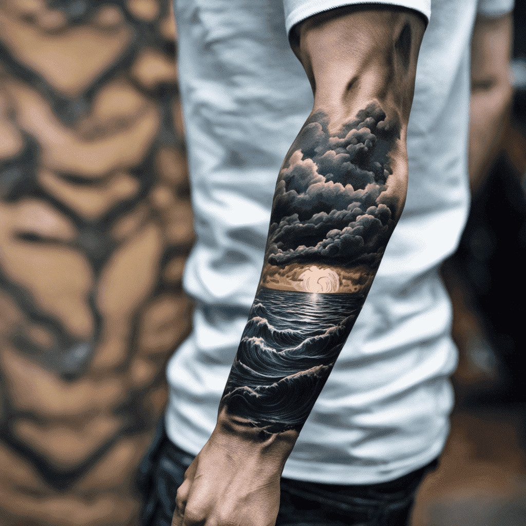 A person's forearm displaying a detailed black and grey tattoo of stormy clouds above turbulent waves with a crescent moon.