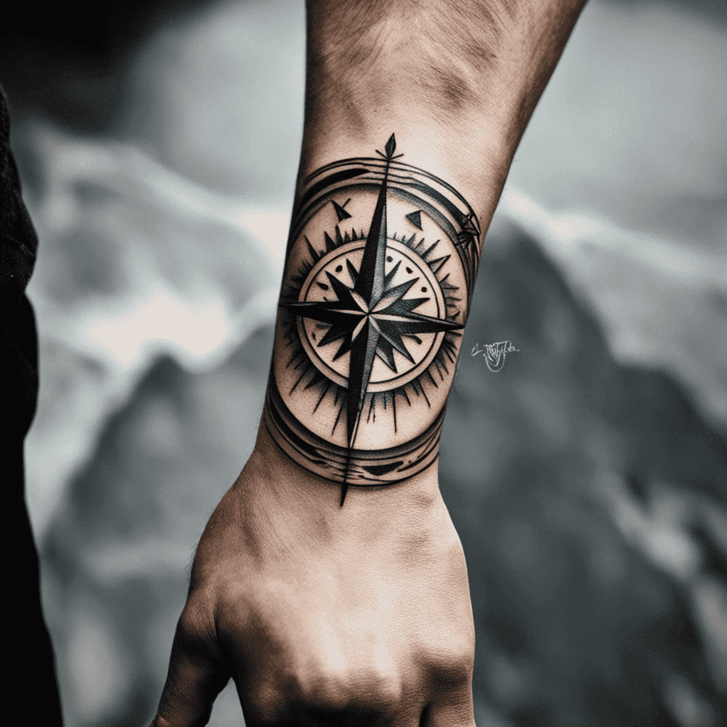 A detailed compass tattoo on a person's forearm with a blurred mountain background.