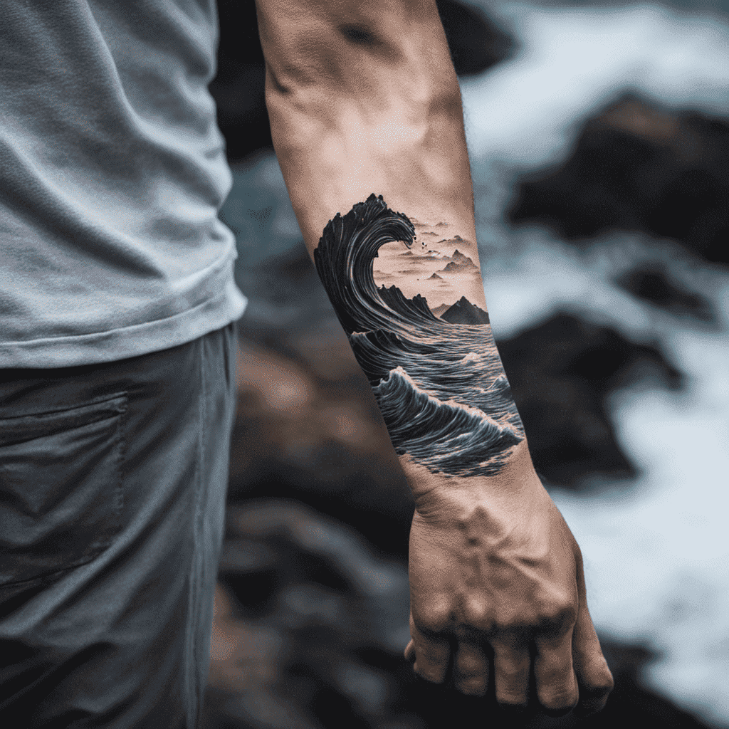 Alt text: A close-up of a person's arm with a detailed tattoo depicting a wave curling into the shape of a circle with a serene landscape inside it.