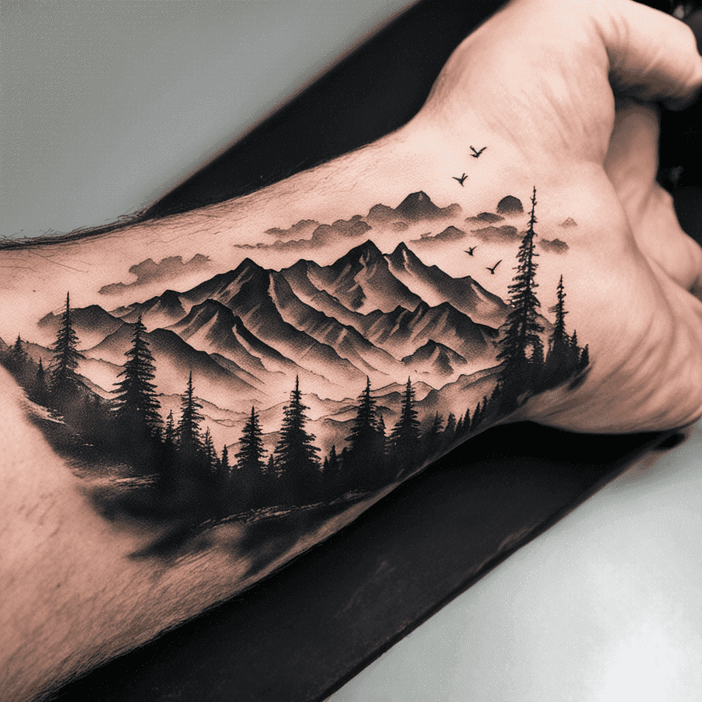 Alt text: A detailed black and gray tattoo of a mountain landscape with trees and flying birds on someone's forearm.