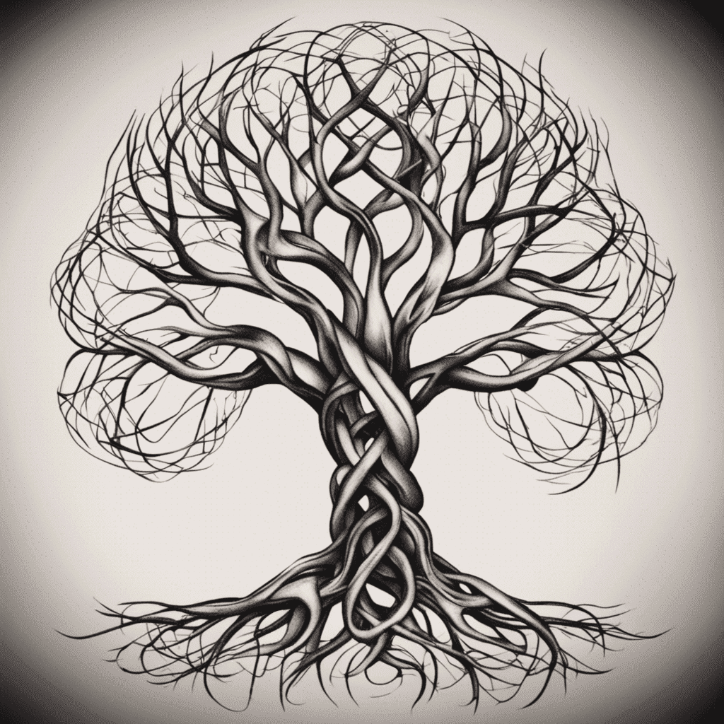 Illustration of a symmetrical tree with intertwined roots and branches, designed to resemble a human brain.