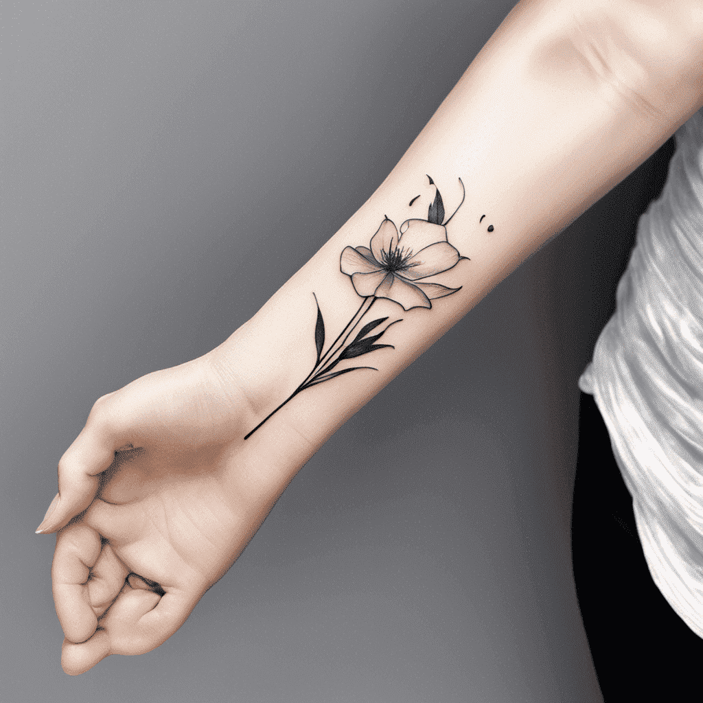 Alt text: A person's forearm with a delicate floral tattoo featuring a single blooming flower and leaves, displayed against a grey background.