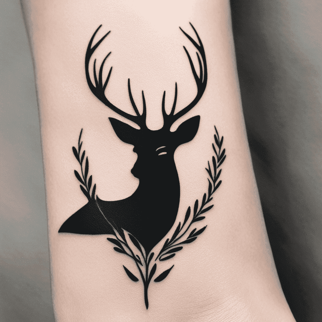 Alt text: A black silhouette tattoo of a stag's head with large antlers surrounded by leaves on a person's arm.