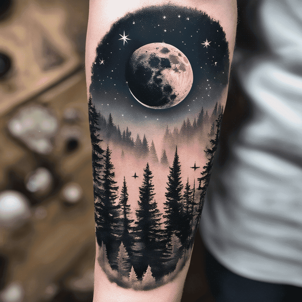 An elaborate black and grey tattoo depicting a night sky with a detailed moon surrounded by stars, above a forest of pine trees, on someone's arm.