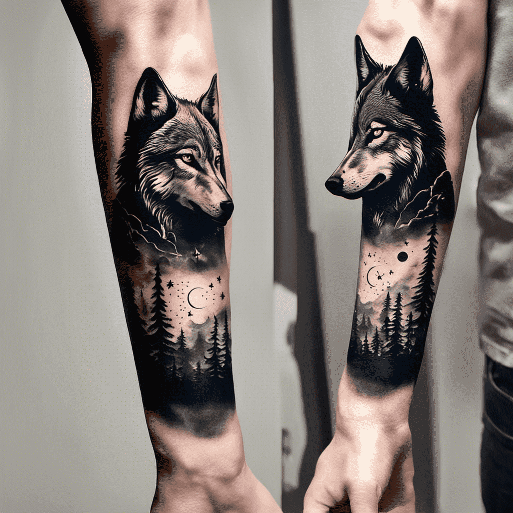 Two arms with detailed black and gray wolf tattoos, encompassing forest and night sky motifs.