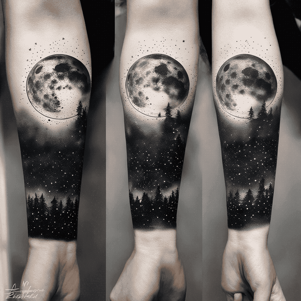 A black and white image of a person's three views of an arm tattoo featuring a realistic moon at the top, transitioning into a starry night sky, and ending with a silhouette of a pine forest at the bottom.