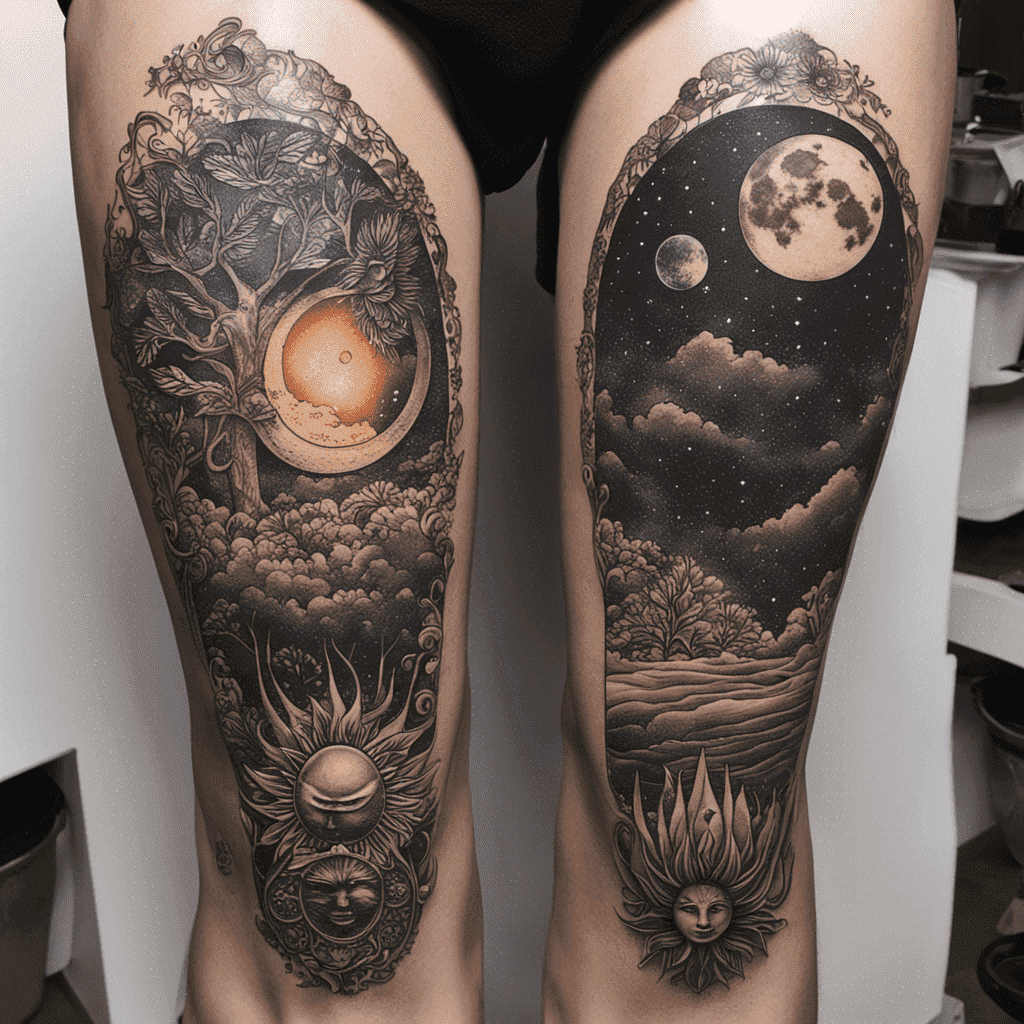"An image showing a person's legs adorned with detailed tattoos, with one leg featuring a sun theme within a natural daytime setting, and the other showcasing a moon and stars within a nighttime landscape."