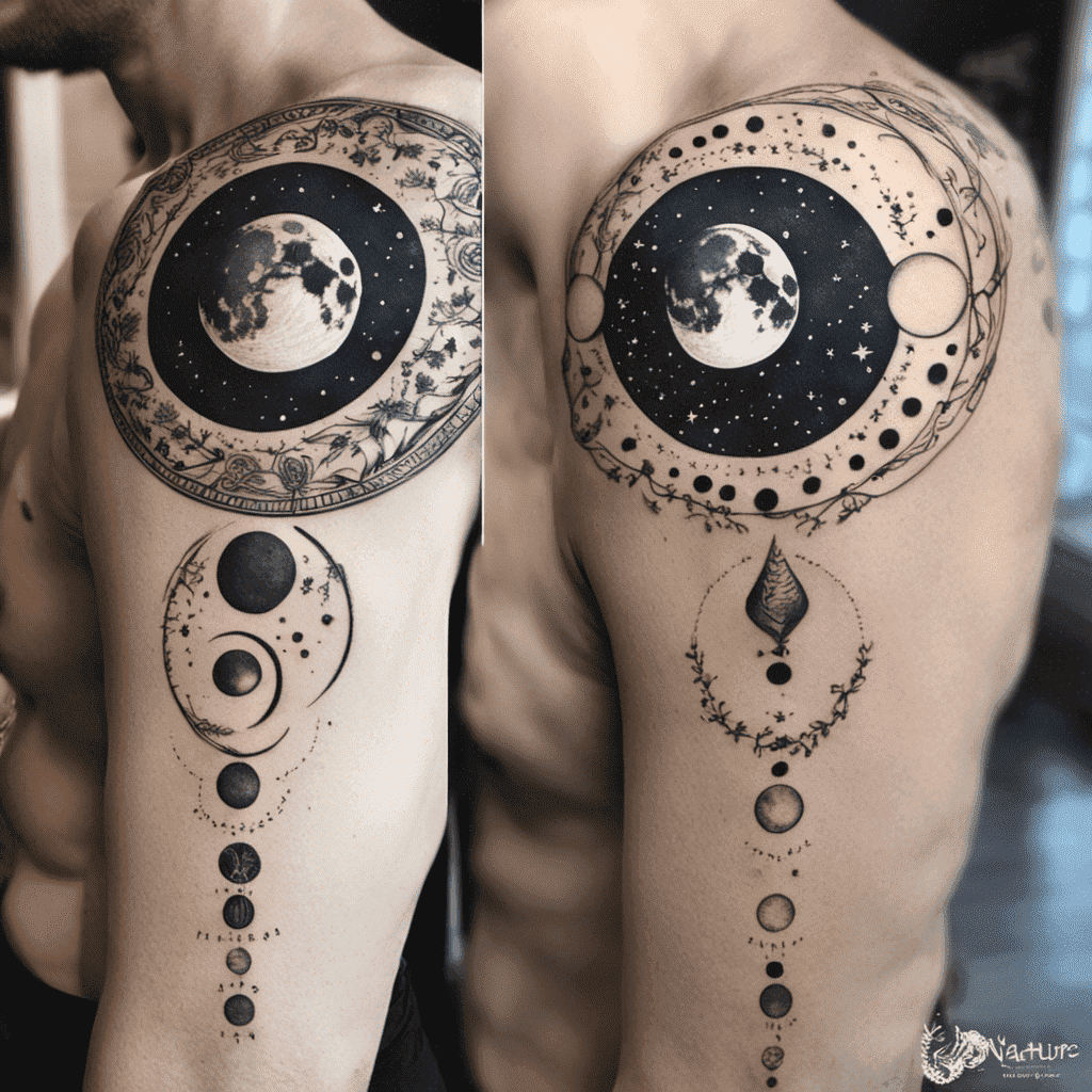 Two side-by-side images of a person's shoulders and upper arms, each displaying a detailed blackwork tattoo. The left shows a large circle with a realistic depiction of the moon surrounded by floral patterns, and below it, a vertical sequence of celestial bodies. The right replaces the moon with an equally detailed earth, encircled by moons or planets, and features a pendant-like design descending toward the lower arm with botanical elements.