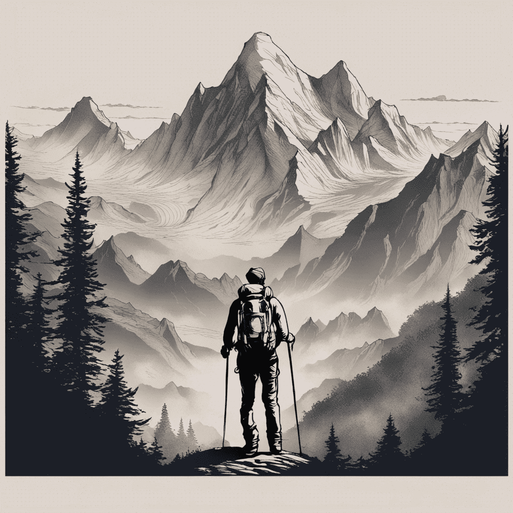 Alt text: A digital illustration of a hiker with a backpack and trekking poles looking out at a vast mountain range with prominent peaks and a forest of coniferous trees in the foreground. The image has a monochromatic color scheme with a vintage feel.