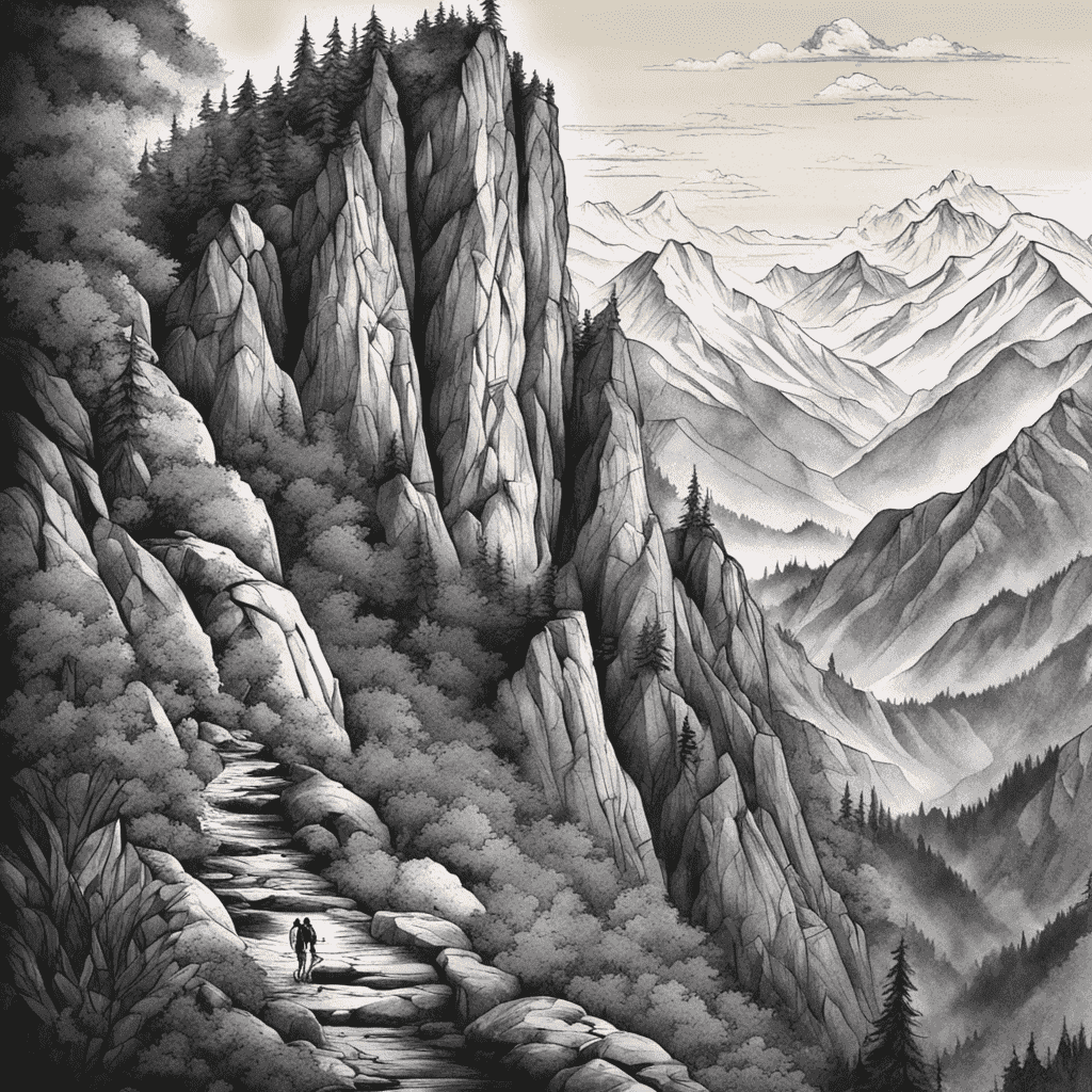 Black and white illustration of a mountainous landscape with a narrow pathway leading through rugged cliffs and pine trees. Two hikers are visible on the path amidst the expansive scenery.