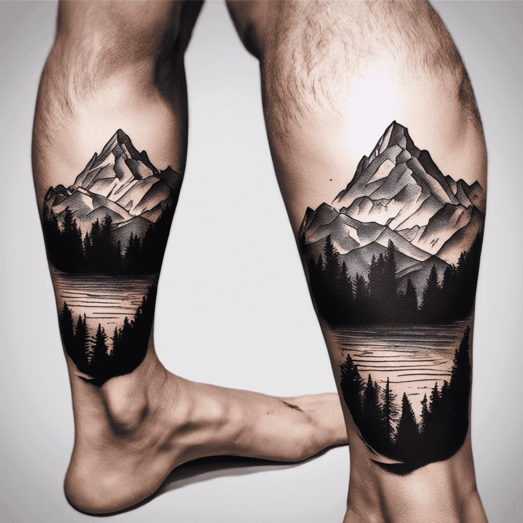 Alt text: A pair of legs featuring detailed black and white mountain range tattoos, with trees and reflection on water on the calves.