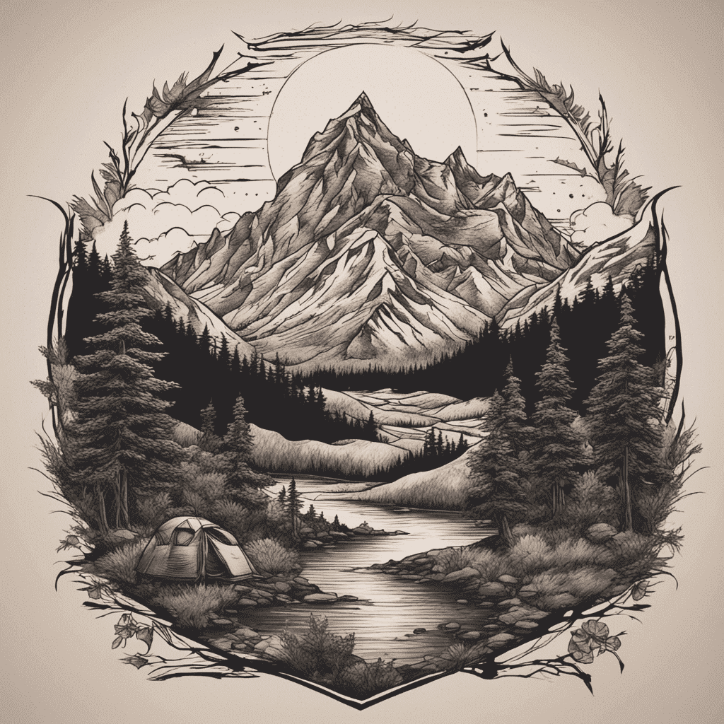 Monochromatic illustration of a mountain landscape with a river, pine trees, and a camping tent, enclosed within an oval-bordered design resembling a cameo or medallion.