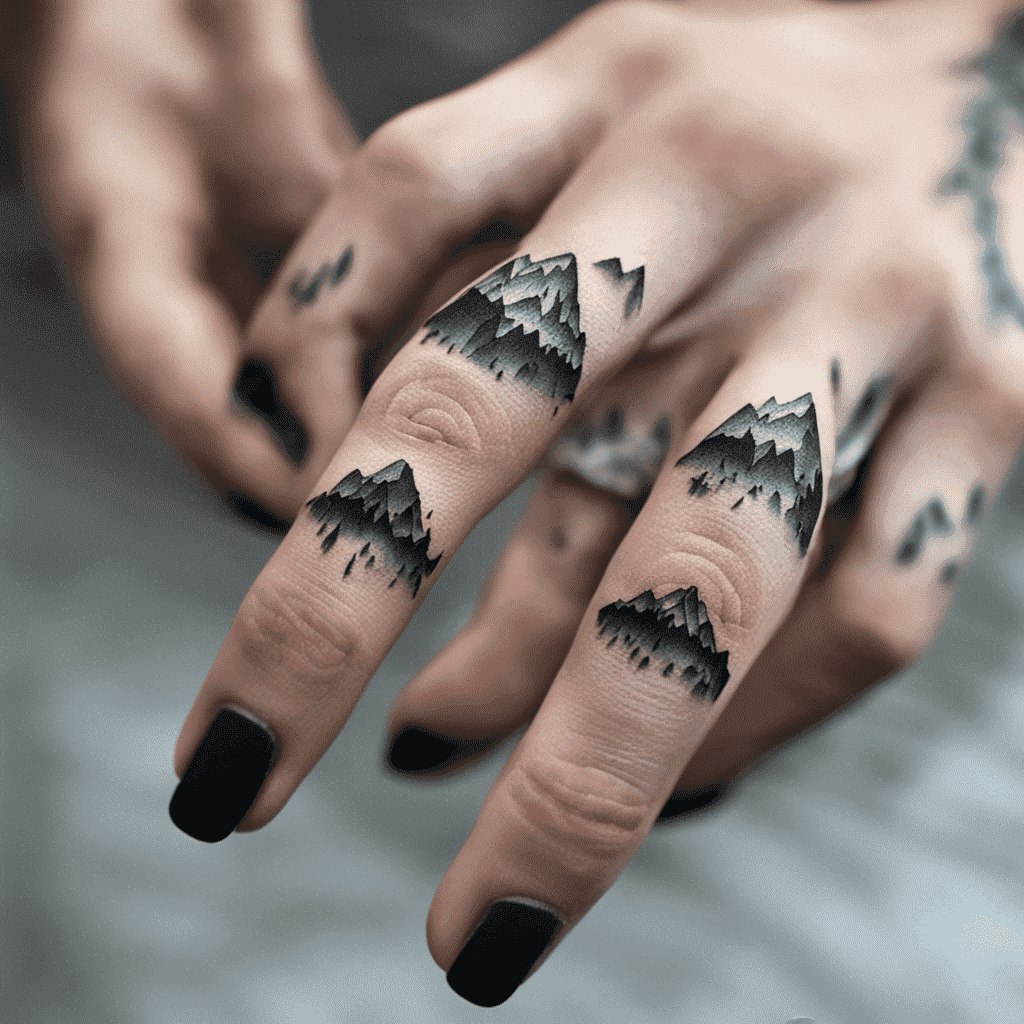 A close-up of a person's hands with mountain range tattoos on the fingers, against a blurred background. The nails are painted black.