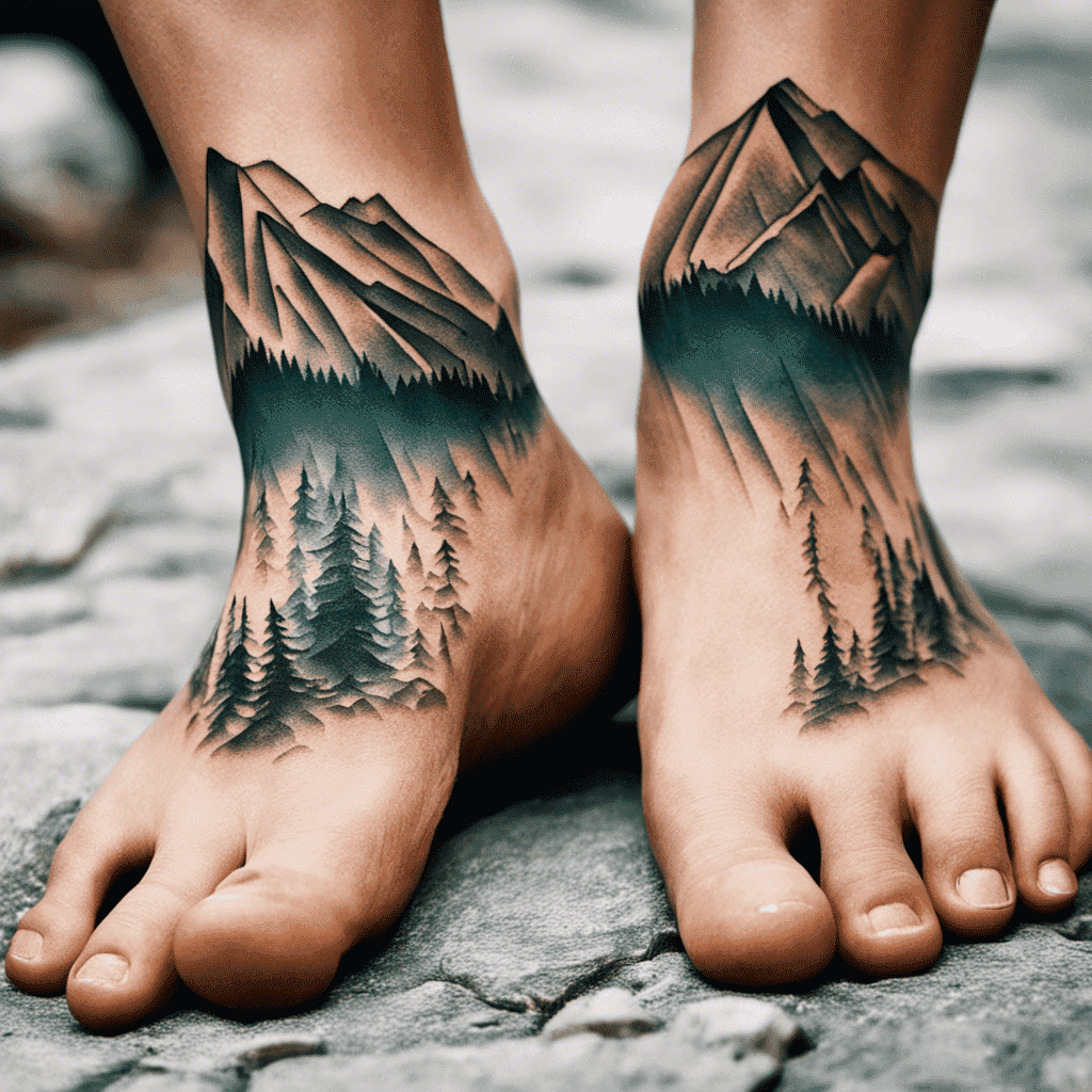 Alt text: A close-up image of two feet with detailed tattoos of mountain landscapes, including peaks and pine trees, on the ankles.