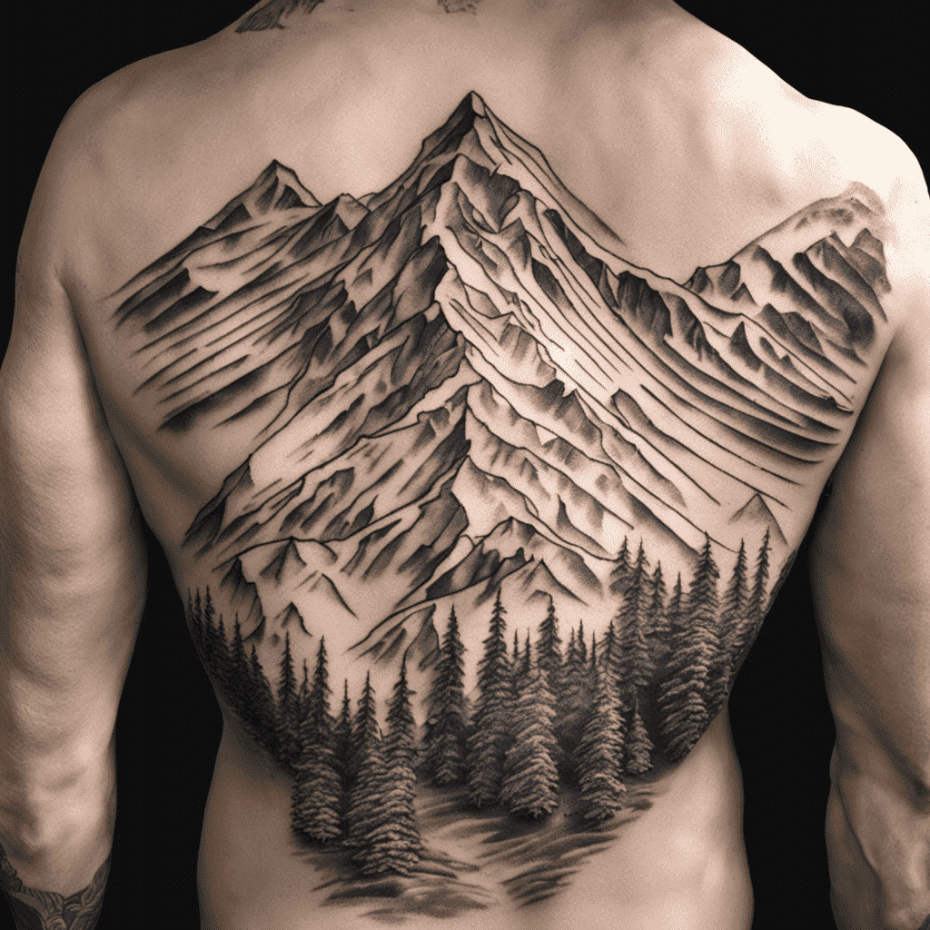 A detailed black and grey tattoo of a mountain range with a forest at its base, covering a person's back.