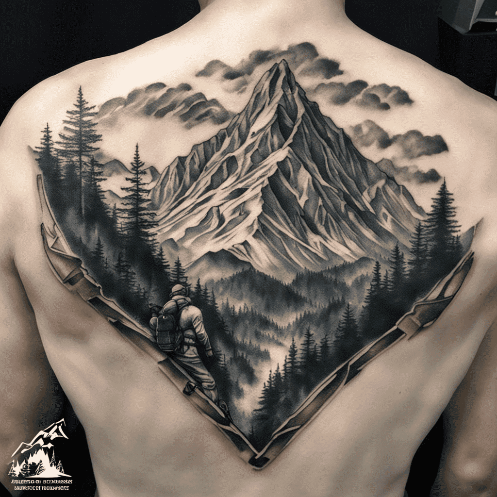 Alt text: A detailed black and grey tattoo on a person's back depicting a mountain landscape with pine trees and clouds, framed within a ripped-skin design, featuring a hiker looking out towards the mountains.
