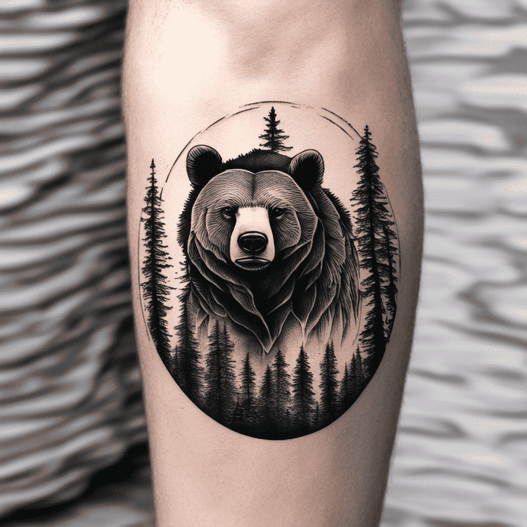 A detailed black and grey tattoo of a bear's head superimposed over a forest landscape on someone's thigh.