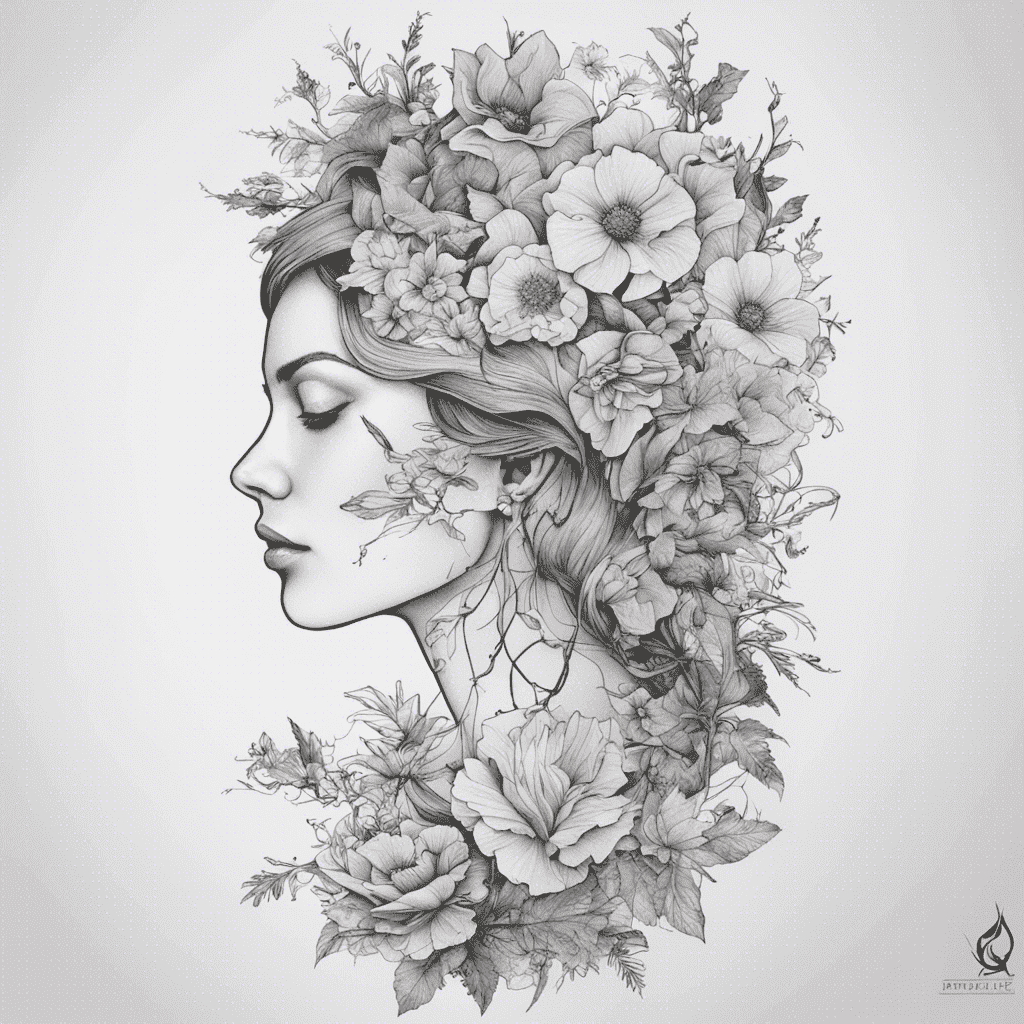 Illustration of a woman in profile with an elaborate arrangement of flowers in her hair, extending down her neck, in a monochromatic sketch style.