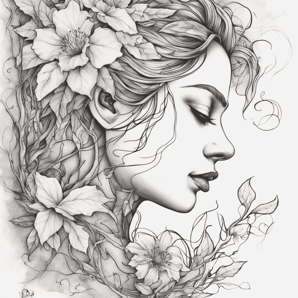 A grayscale pencil illustration of a serene woman's profile entwined with intricate floral elements, depicting flowers and leaves intertwined with her hair.