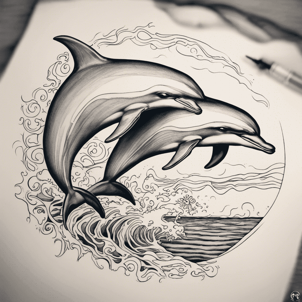 Illustration of two dolphins leaping above stylized waves within a circular border, with a pencil visible in the corner suggesting an artist's work in progress.