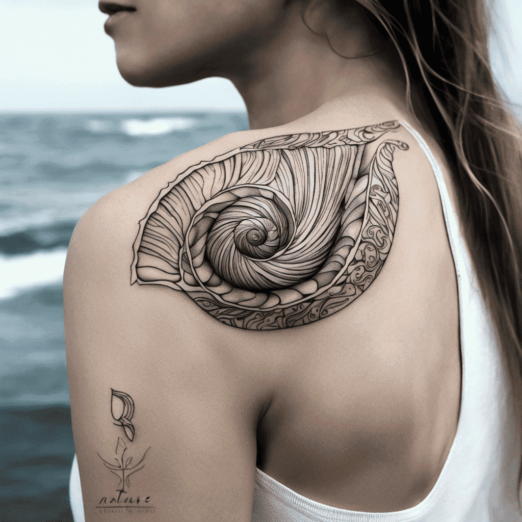 A woman's back with an intricate seashell tattoo on her shoulder, by the seaside.