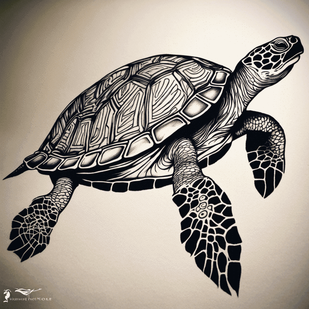 A black and white illustration of a sea turtle with intricate shell patterns, against a plain background.