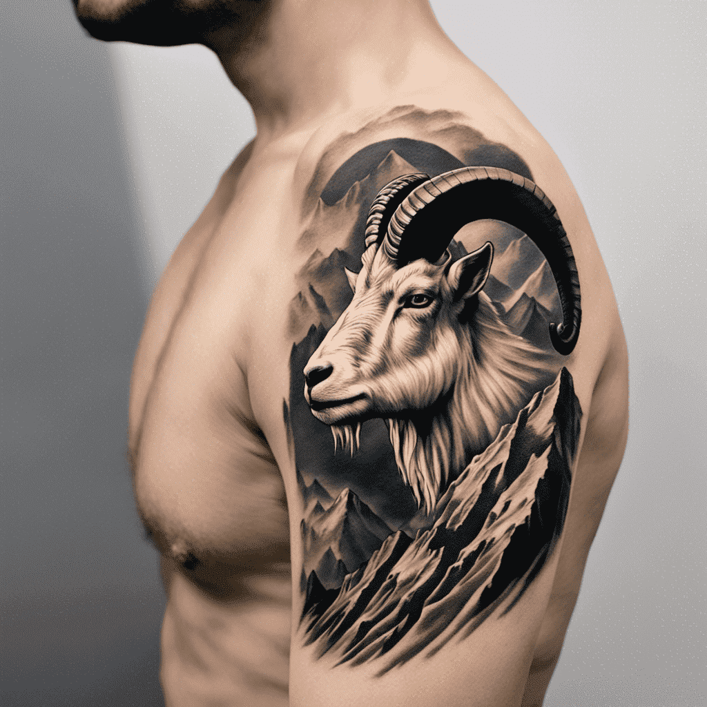 A person with a detailed black and grey tattoo of a ram on their upper arm and shoulder.