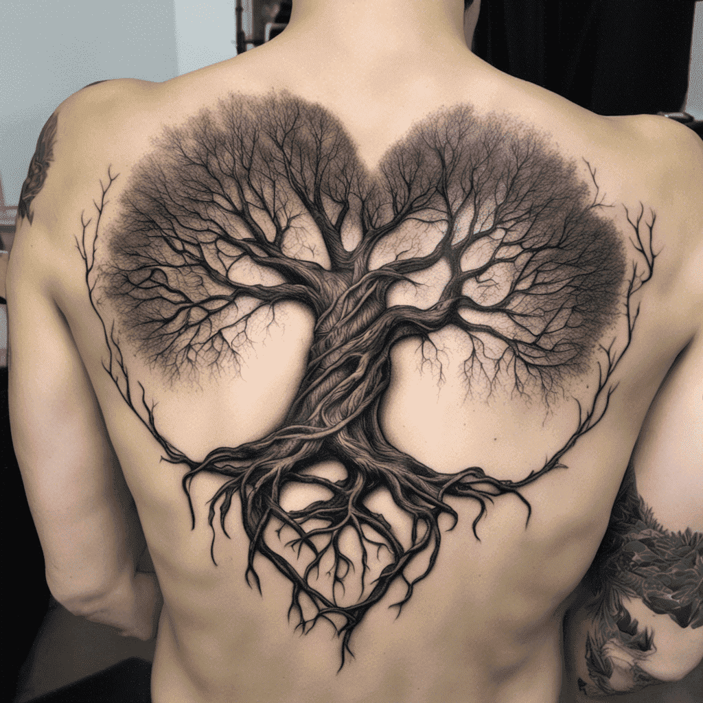 A back tattoo depicting an intricate tree with detailed branches and roots covering the person's back, resembling lung branches.