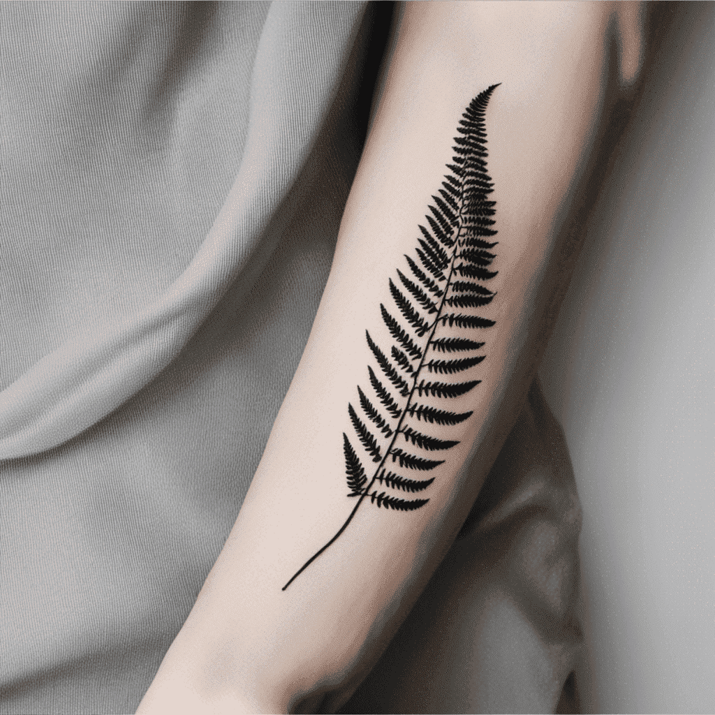 A detailed black fern tattoo on a person's arm.