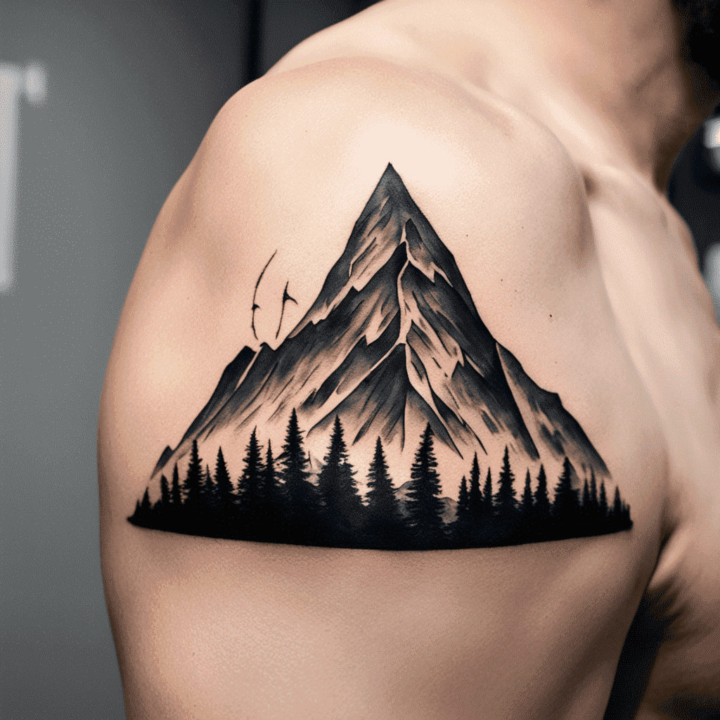 A detailed black and white tattoo of a mountain landscape with pine trees on a person's shoulder.