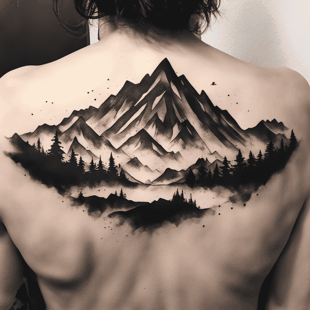 A tattoo of a monochrome mountain landscape with trees and mist on a person's back.