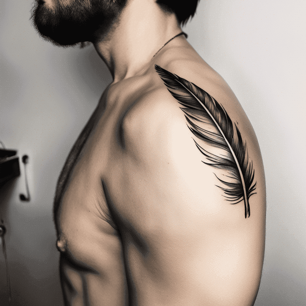 A person with a detailed feather tattoo on their shoulder blade.