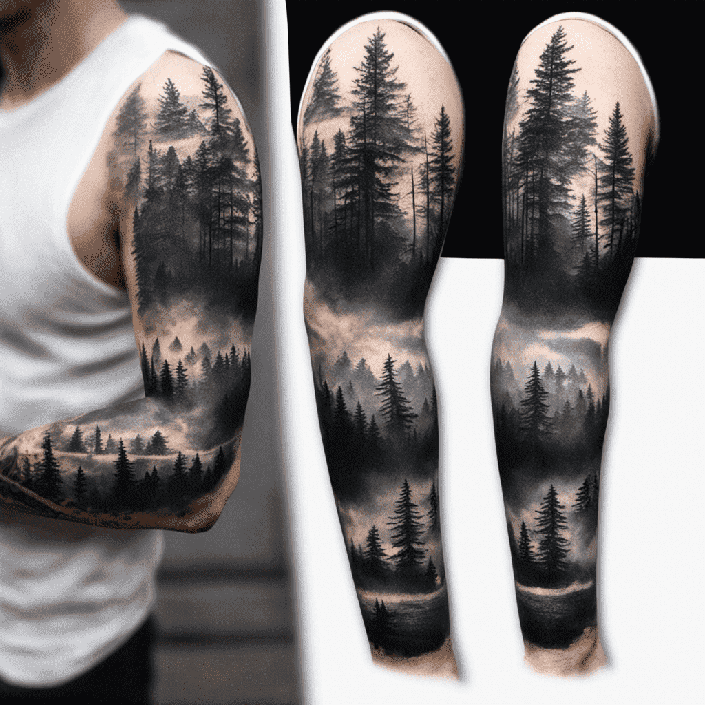 An elaborate black and grey forest scene tattoo covering the full length of a person's arm, displaying detailed pine trees and mist.