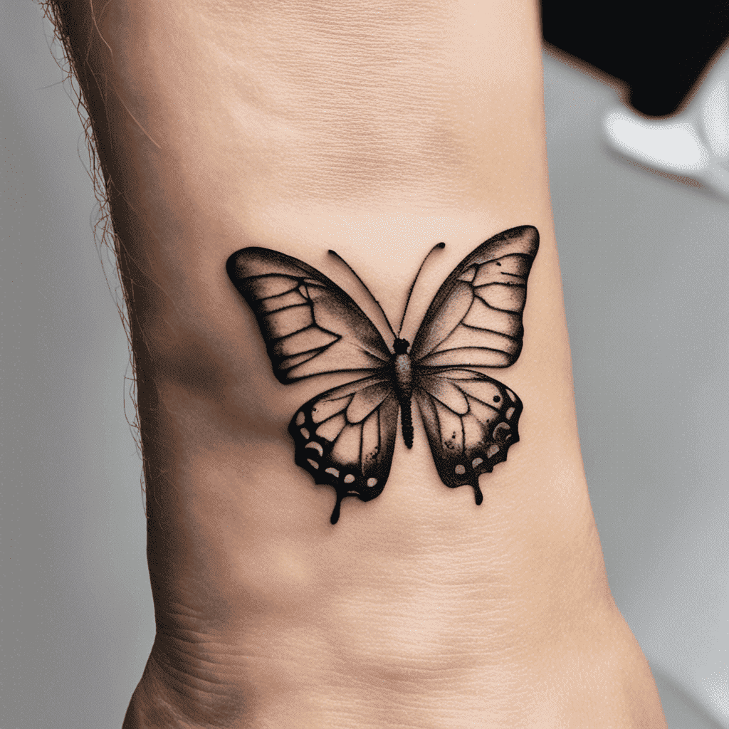 A realistic black and grey butterfly tattoo on a person's wrist.