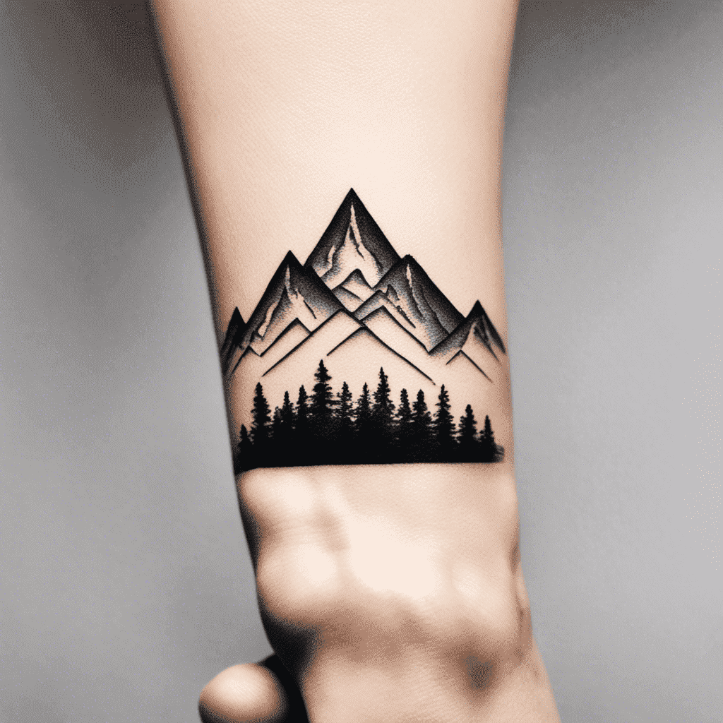 Alt text: A tattoo of a mountain range with trees at the base inked on someone's forearm.