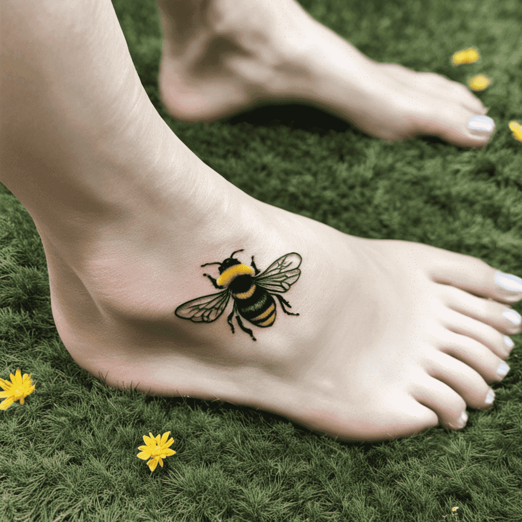 A close-up of a person's feet on grass, with a bee tattoo on the left ankle and small yellow flowers nearby.