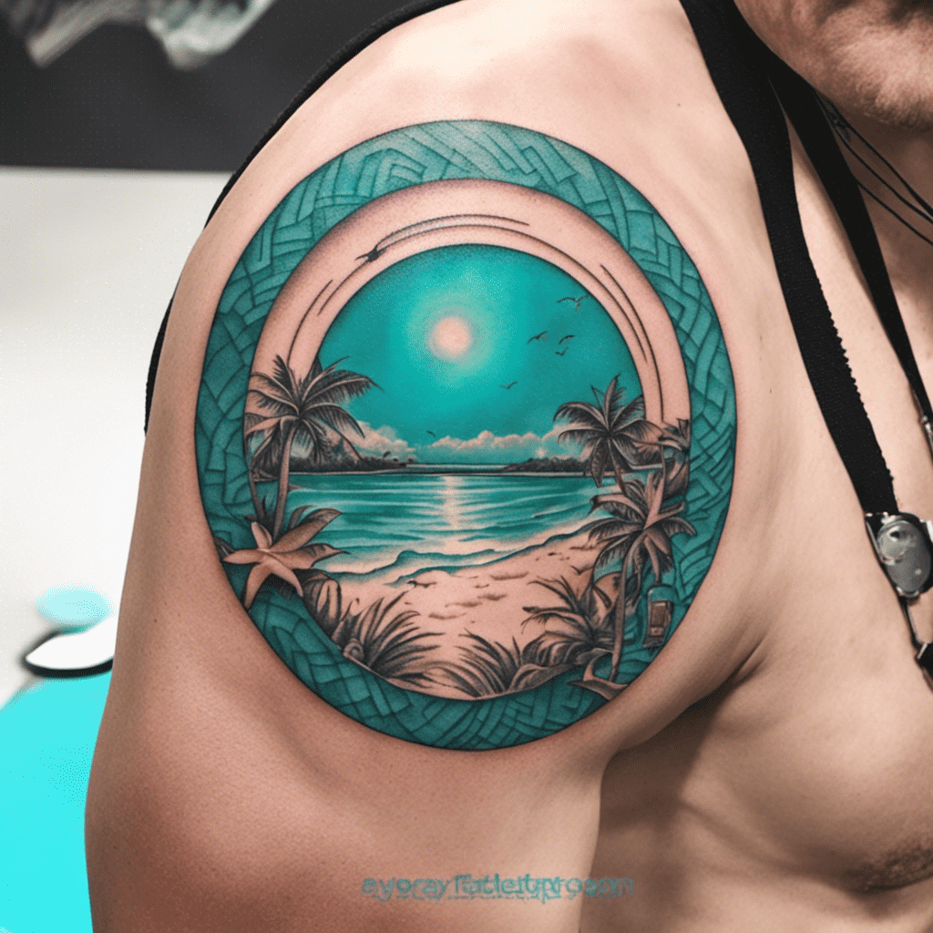 A detailed tropical beach scene tattoo on a person's upper arm, featuring palm trees, ocean, and birds in flight within a circular frame that resembles an antique compass.