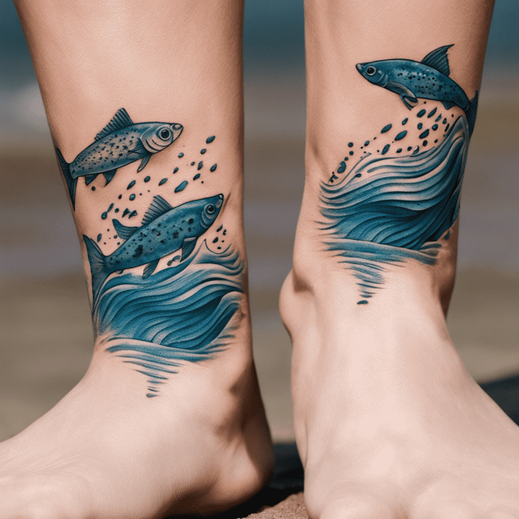 A pair of artistic tattoos on someone's ankles, depicting two fish swimming in blue waves with dot patterns swirling around them.