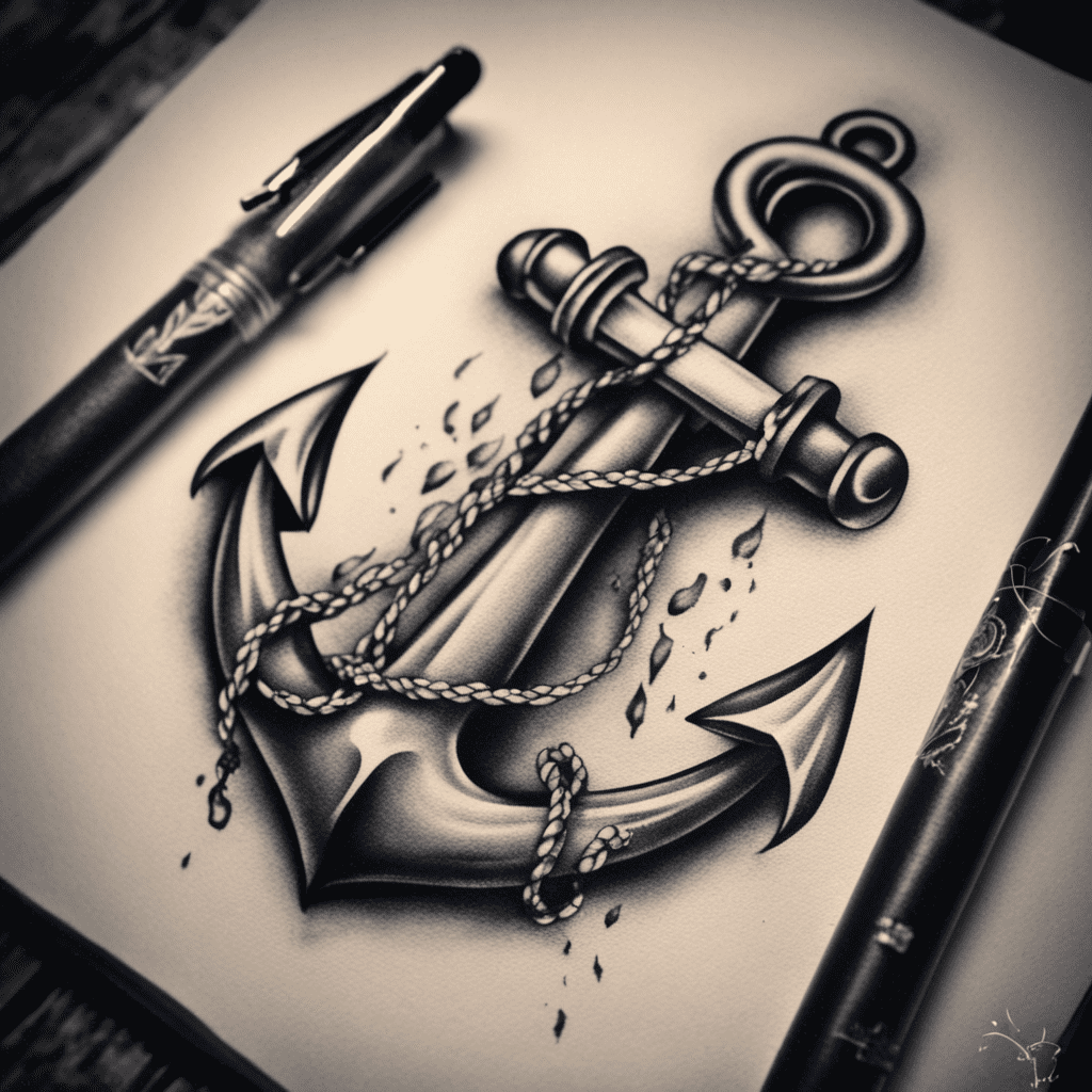 Monochrome image of an intricately drawn anchor with a chain on paper, flanked by two pens, evoking a classic, nautical theme.