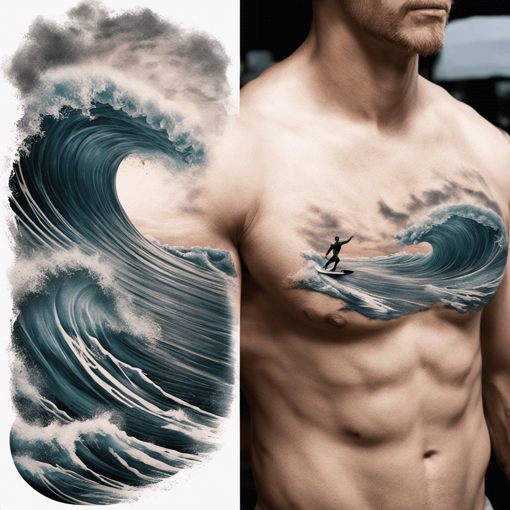 An artistic image blending a man's torso with a massive wave, which includes a tiny surfer riding it, creating the illusion that the wave is part of the man's body.